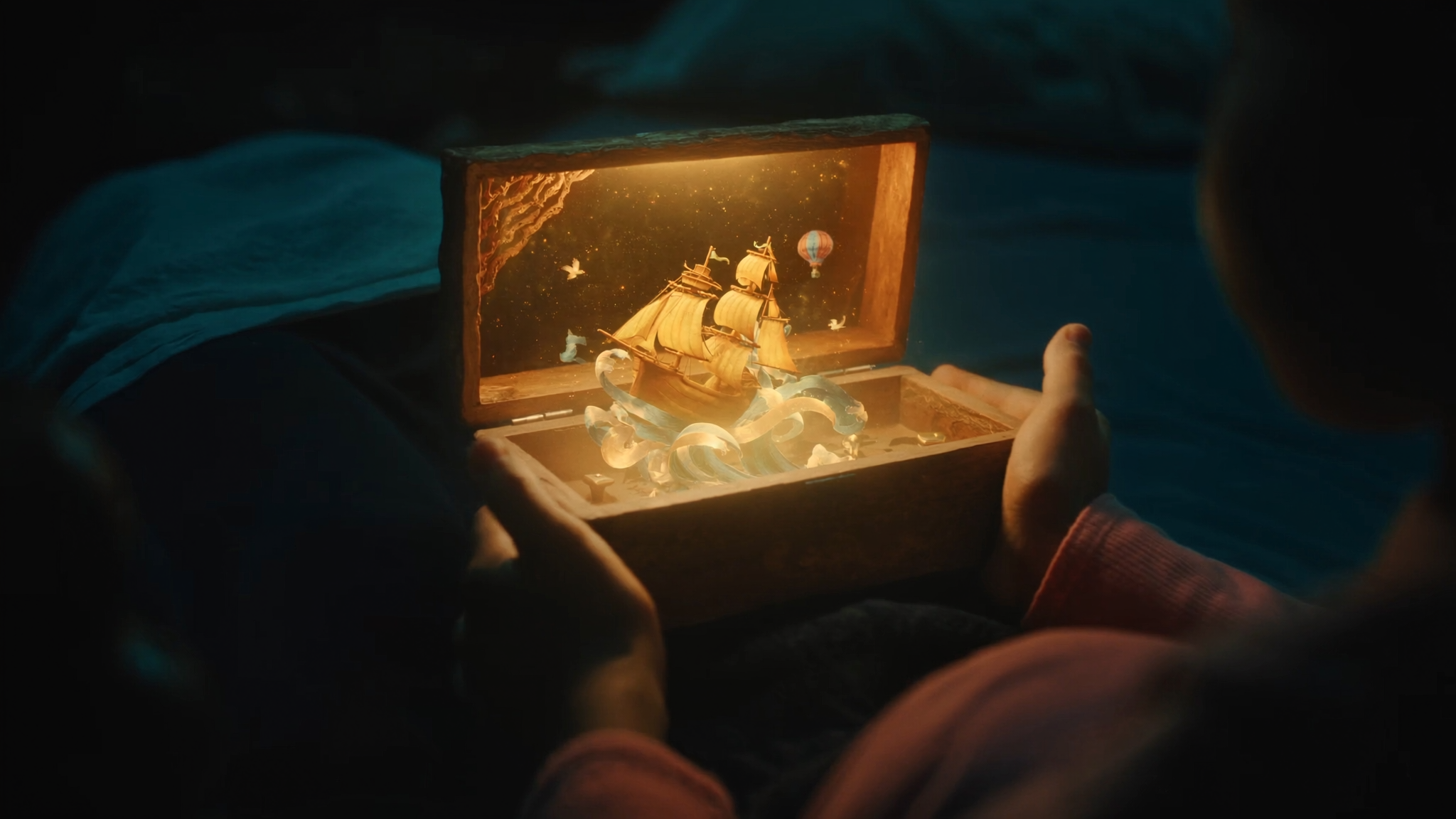 A child holding a glowing WonderBox as a world of stories comes to life