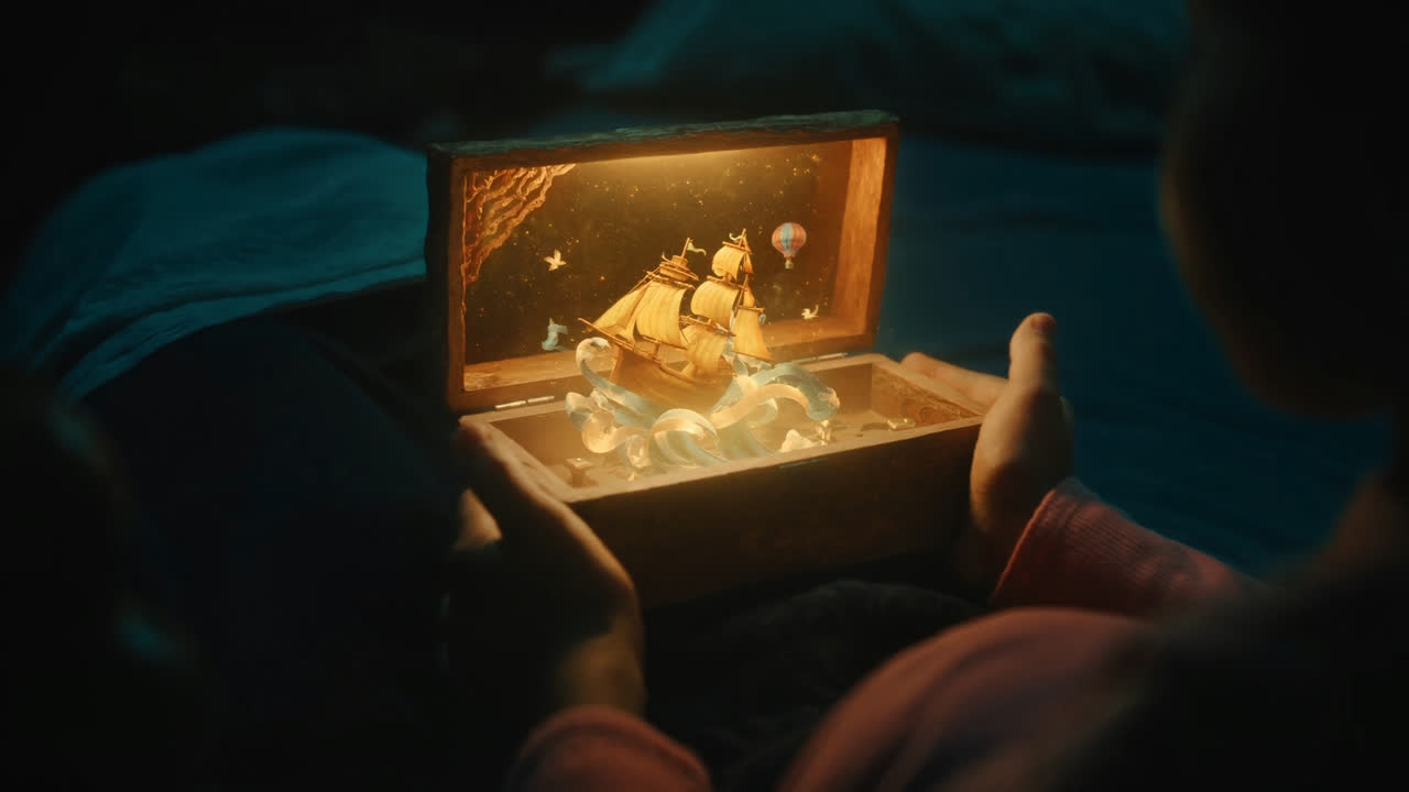 A child holding a glowing WonderBox as a world of stories comes to life